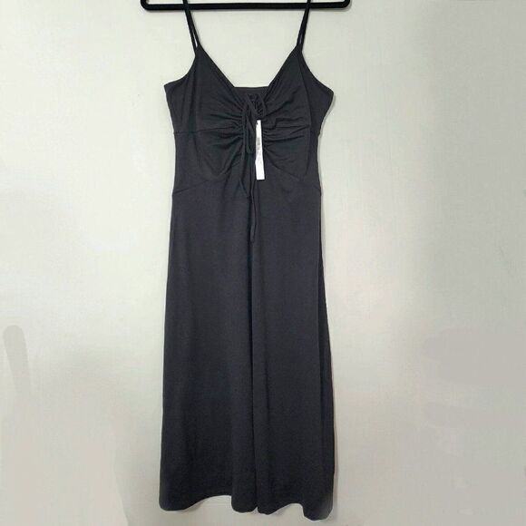 SUSANA MONACO - Size L -  Sweetheart Ruched A-Line Midi Front Slit Dress Black - Picture 2 of 6